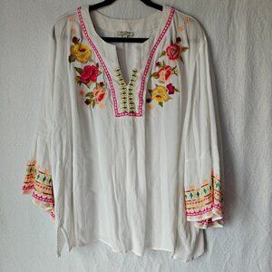 ANNE CARSON Embroidered Floral Tunic Boho Peasant Blouse Gauzy Size 1X